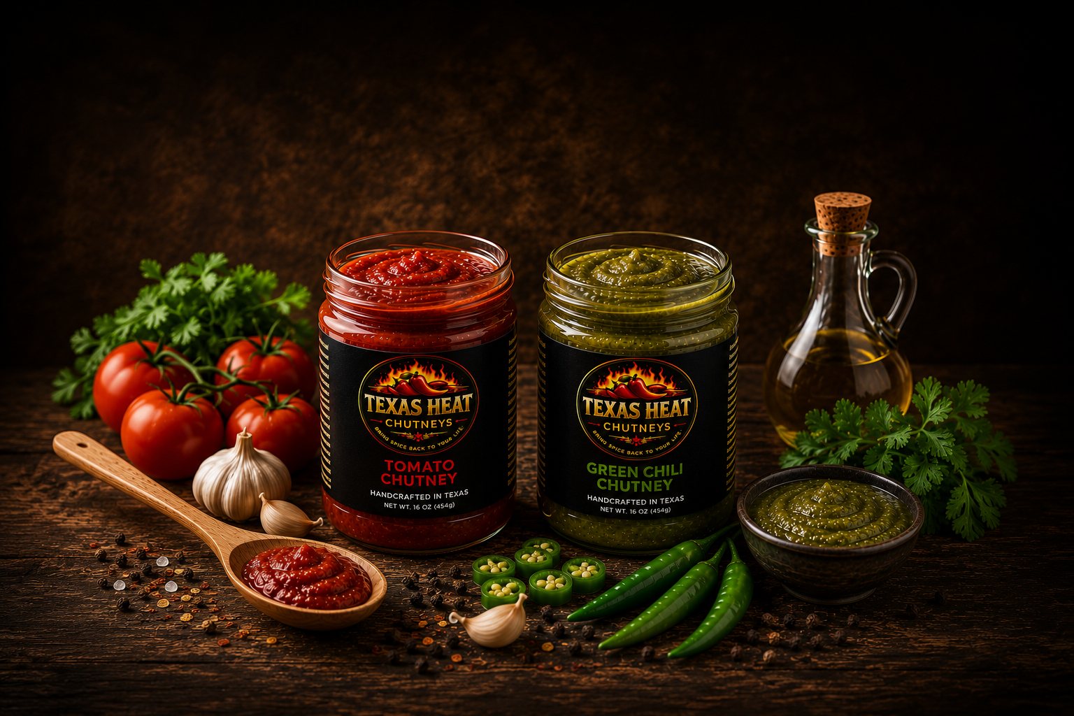 Texas Heat Tomato and Green Chili Chutney jars